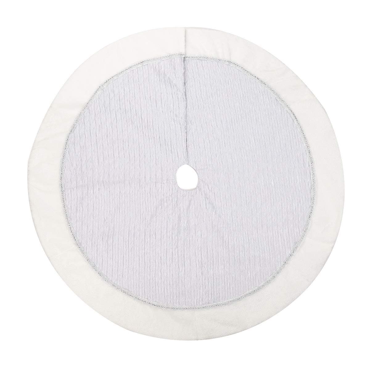 48 inch Silver and White Christmas Tree Skirt with Silver Wrinkled Satin Layer and White Faux Fur Trim Border