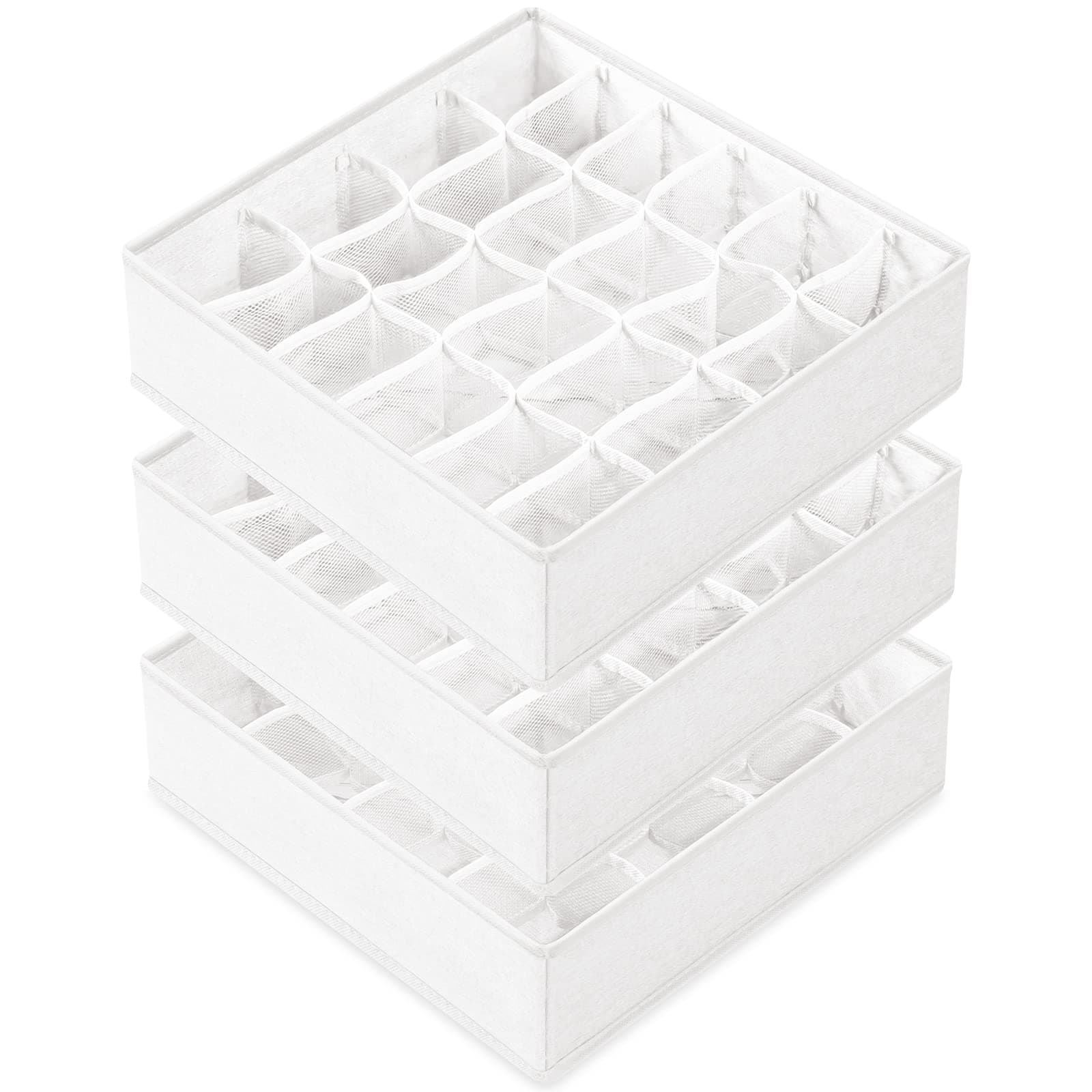 3 Pack Sock Underwear Drawer Organizer Dividers, 64 Cell Fabric Foldable Cabinet Closet Organizers and Storage Boxes for Storing Socks, Panties, Ties (16+24+24 Cell, White)