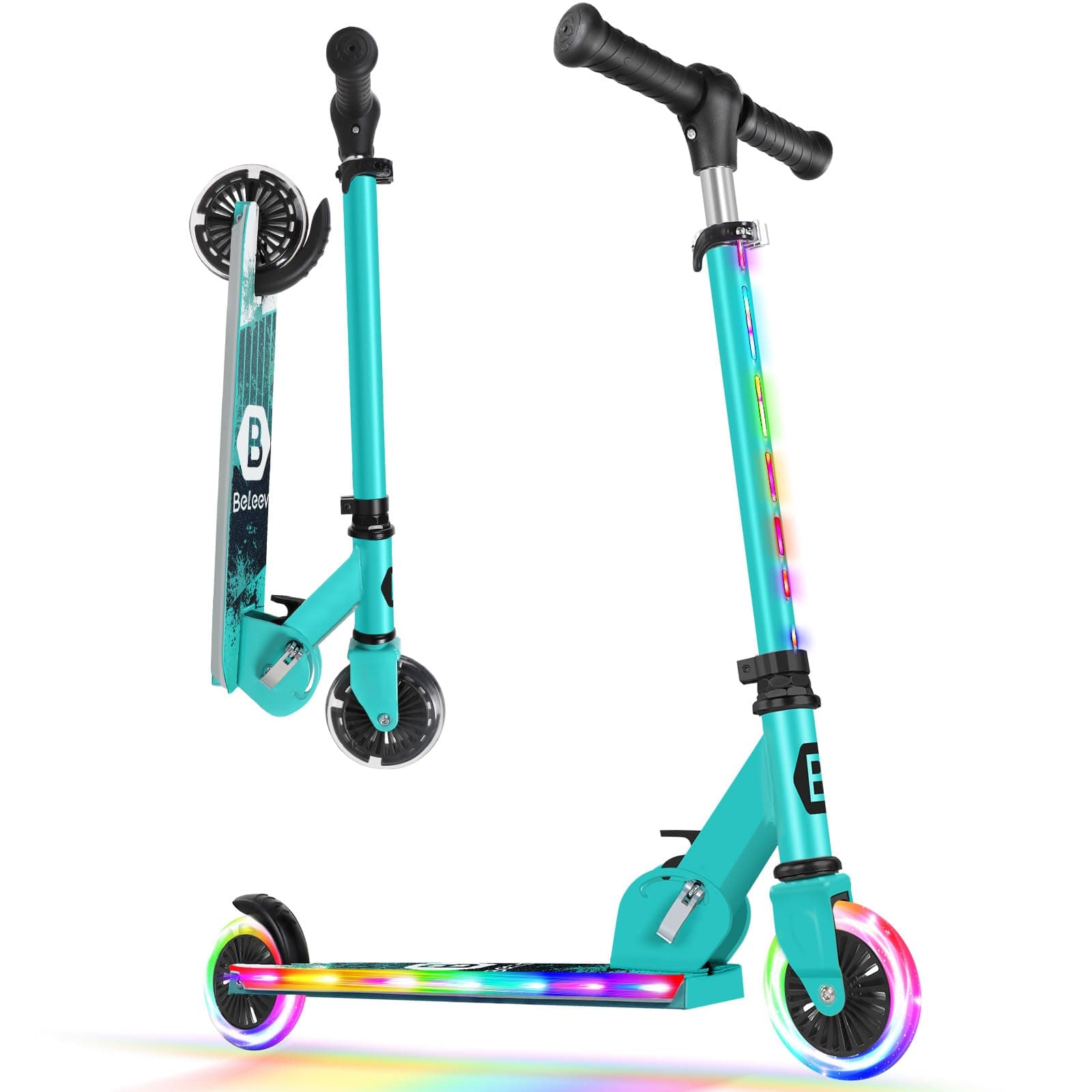 V2 Scooters for Kids with Light-Up Wheels & Stem & Deck, 2 Wheel Folding Scooter for Girls Boys, 3 Adjustable Height, Non-Slip Pattern Deck, Lightweight Kick Scooter for Children Ages 3-12