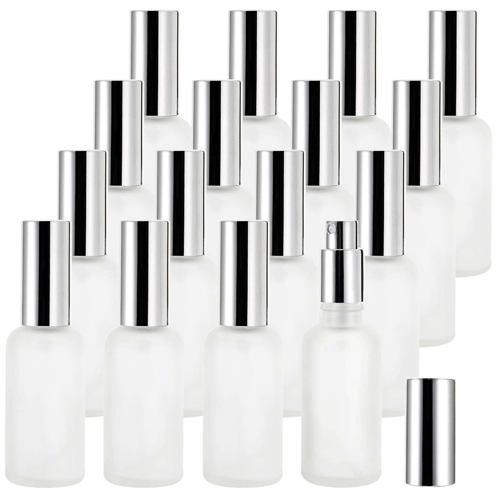Bekith 16 Pack 2oz Glass Spray Bottles, Frosted Empty Perfume Atomizer, Refillable Fine Mist Spray for Essential Oils, Cleaning Products, Silver Sprayer