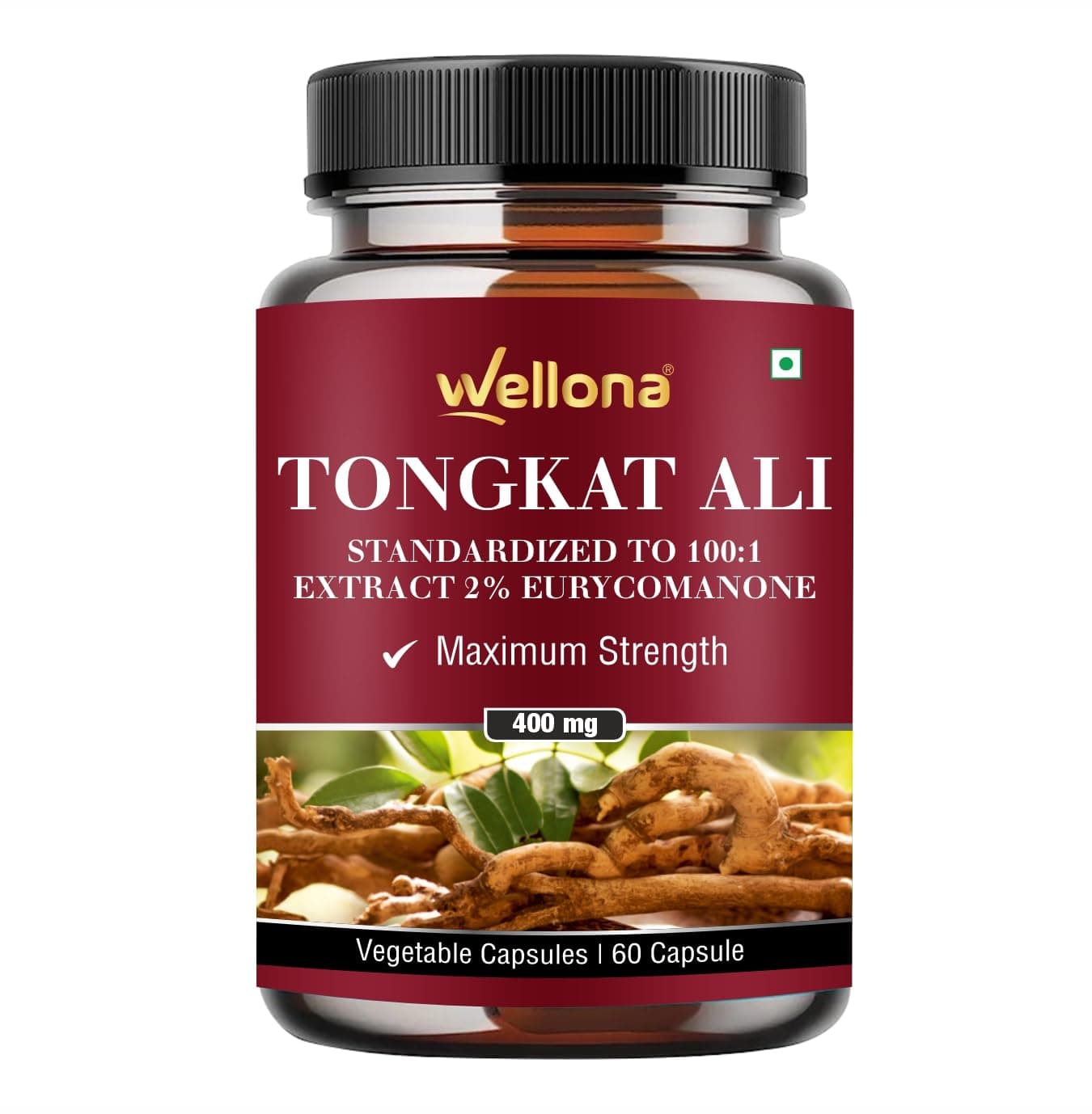 Tongkat Ali Supplement Root Extract 400mg Capsules, 2% Eurycomanone Herbal Supplement for Men | Standardized to 100:1 | Maximum Strength (60 Veg Capsules) (Pack of 1)