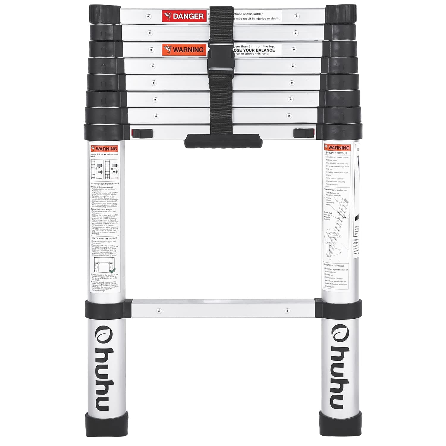 Ohuhu 8.5 FT Aluminum Telescoping Ladder, One-Button Retraction Heavy Duty Extension Ladder for Home, ANSI Certified Collapsible Ladders with Safe Slow Restoring for RV Roof Loft Silver