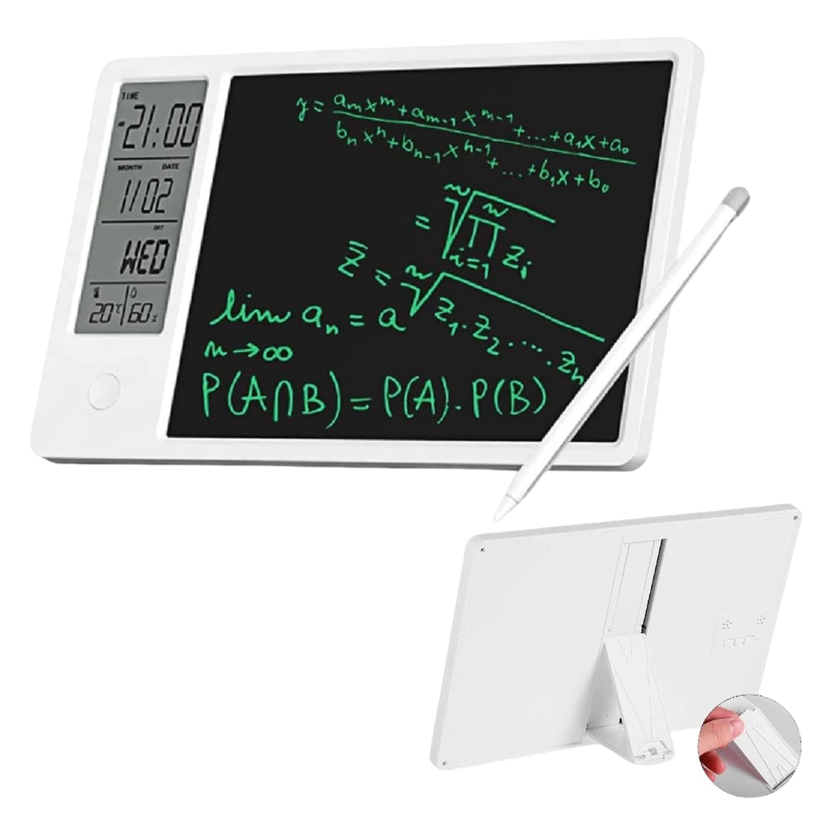 Azonee Desktop LCD Writing Tablet, , Drawing Pad with Digital Alarm Clock and Calendar, Electronic Bulletin Board Memo with Temperature Humidity for Kids, Bedroom, Office, School