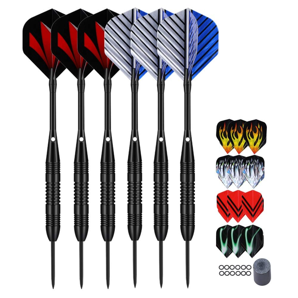 Professional 6 Pack/ 12 Pack Steel Tip Darts Set 22 23 Grams With Black Aluminum Shafts 18pcs Dart Flights 12pcs Rubber O-Rings + Dart Sharpener + Dart Tool