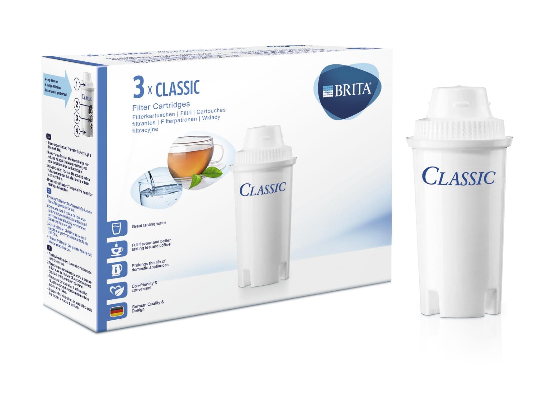 Classic filter cartridges, pack of 3, suitable for older Brita water filters to reduce limescale, chlorine and taste disturbing substances in tap water, protects kitchen appliances from
