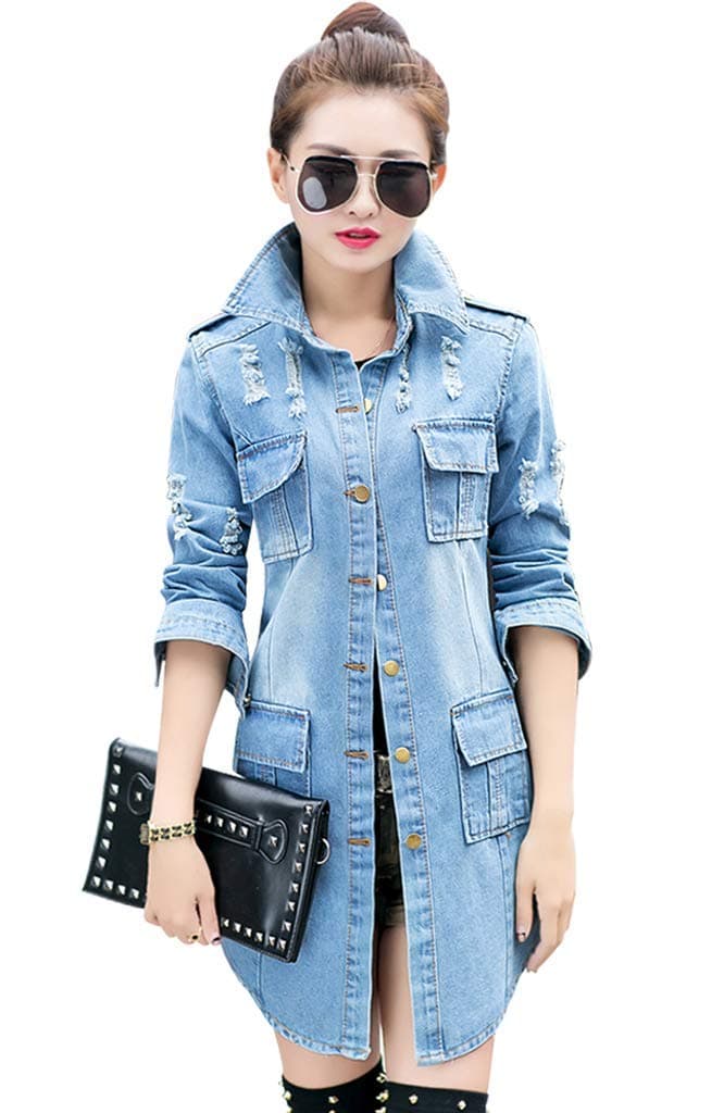 Wincolor Women's Button Down Ripped Distressed Long Denim Jacket Coat