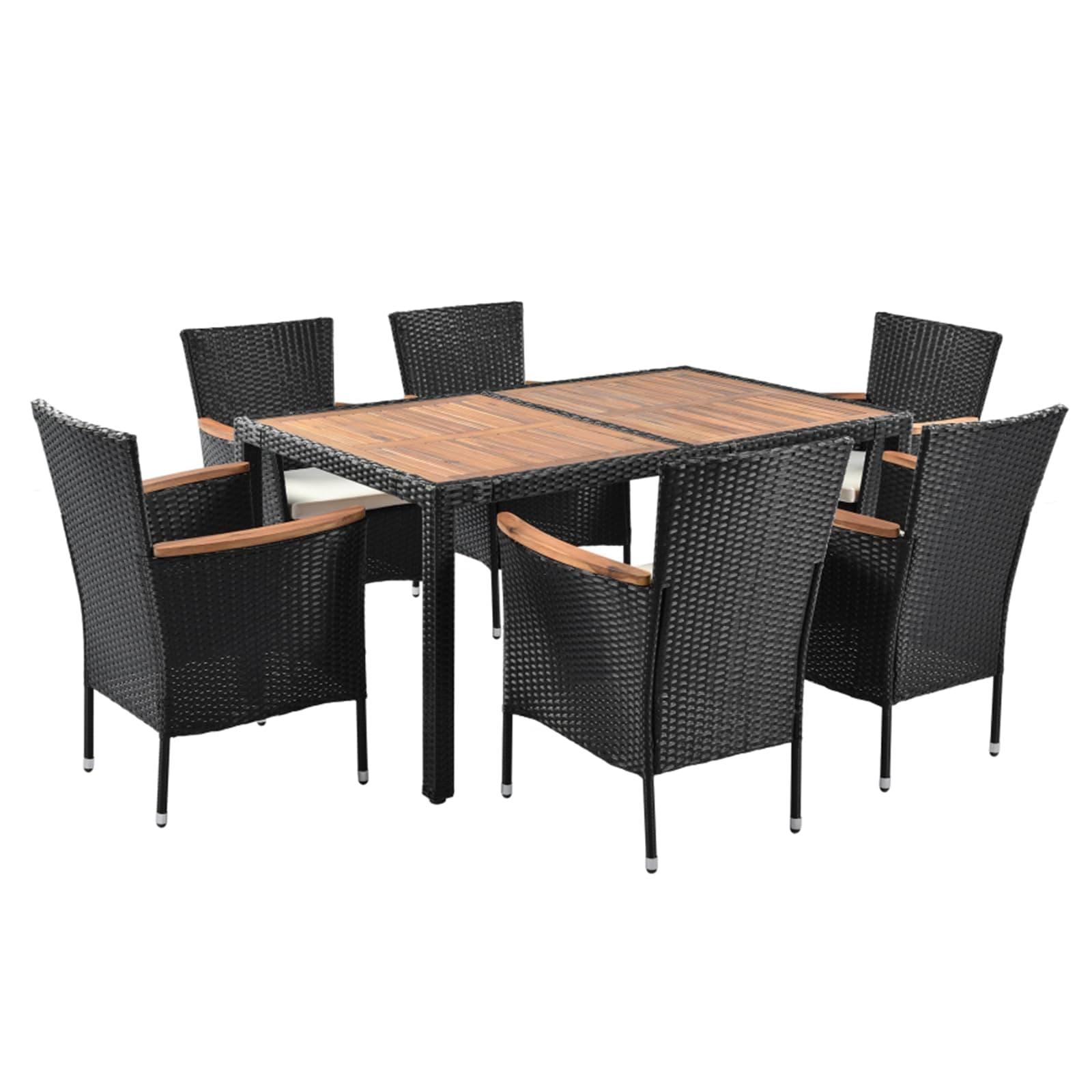 Panana 6 Seater Rattan Dining Set, Garden Table & Stackable Chairs with Acacia Wood Table Top & Cushions, All-Weather Patio Furniture for Conservatory Outdoor