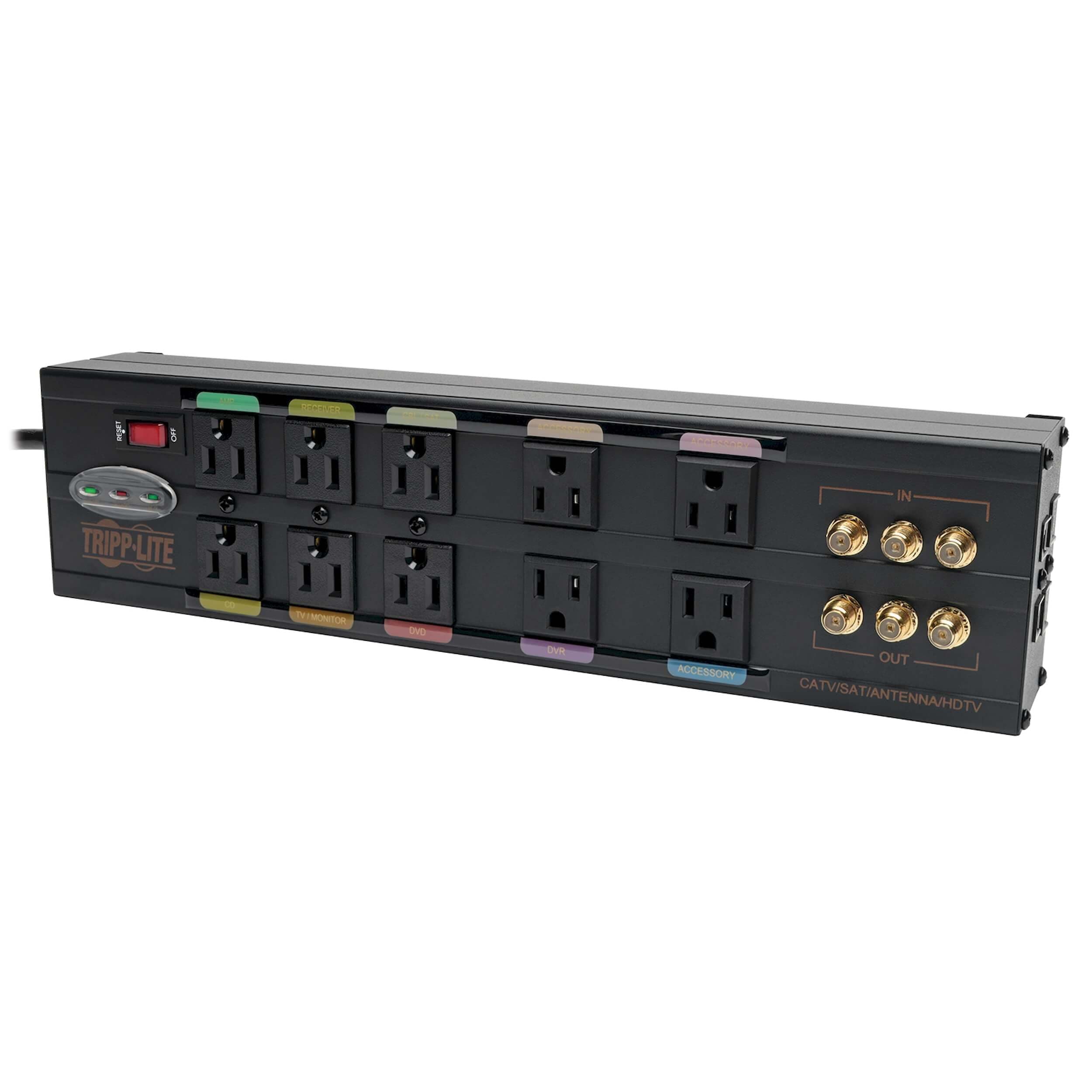 Tripp Lite Isobar 10 Outlet Audio/Video Surge Protector Tel/Modem/Coax/Network 8ft Cord Right Angle Plug, & $500,000 Insurance (HT10DBS) Black