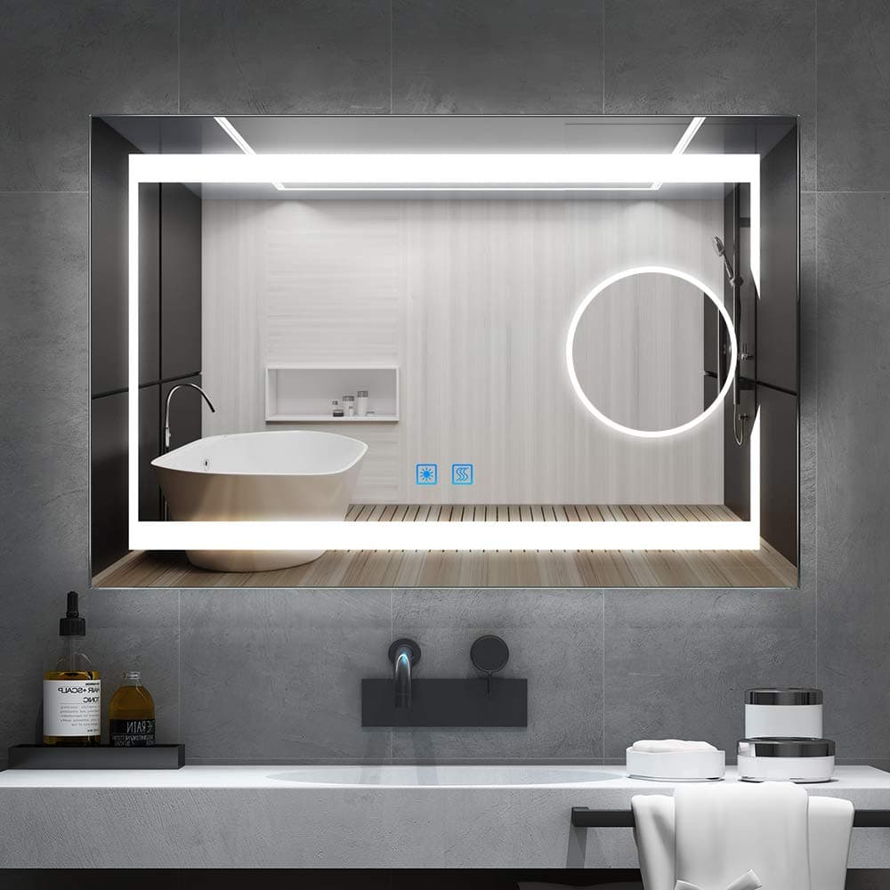 Quavikey LED Bathroom Magnifying Mirror With Lights Illuminated Bathroom Wall Mirror With Full Demister Pad For Make Up Magnifying 800 * 600 mm