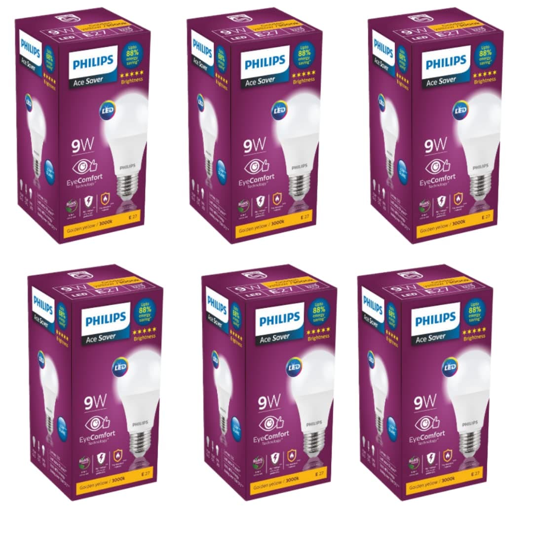 Philips 9-Watts E27 LED Warm White LED Bulb, Pack of 6, (Ace Saver)
