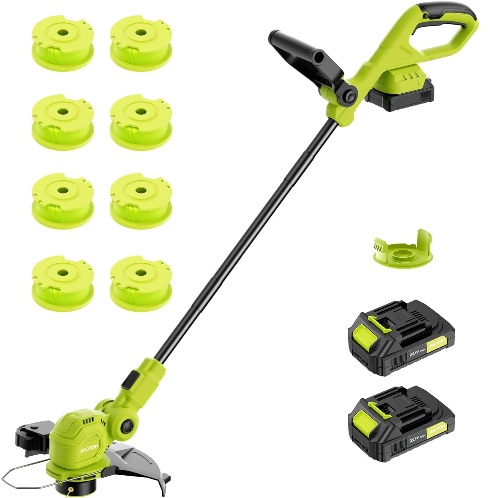 JAGROM 12-inch 20V Cordless String Trimmer with Charger, 2 X 2.0Ah Battery Powered with Auto Line Feed, Lawn Edger with 8 Pcs Grass Cutter Spool Line and 2 Spool Cap