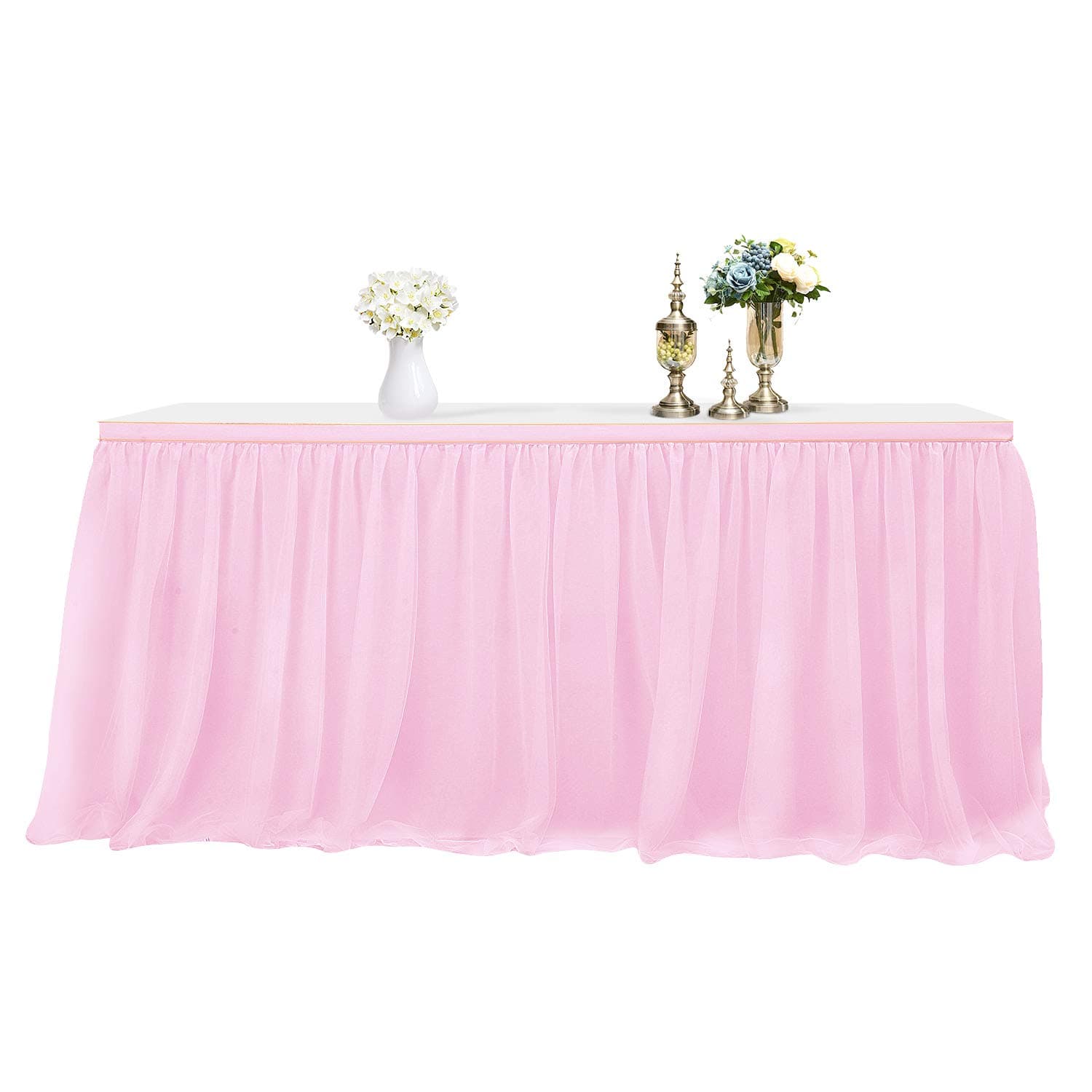 Tulle Table Skirt High-end Gold Brim Mesh Fluffy 2 Yards Tutu Table Skirt for Party,Wedding,Birthday Party&Home Decoration (6FT X 0.8M, Pink)