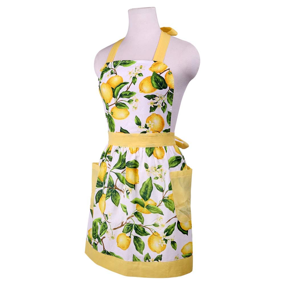 Lemon Summer Cotton Women's Kitchen Apron Adjustable Cooking Baking Garden Chef Apron with Pocket Great Gift for Wife Ladies Lovely Lemon Tree Floral