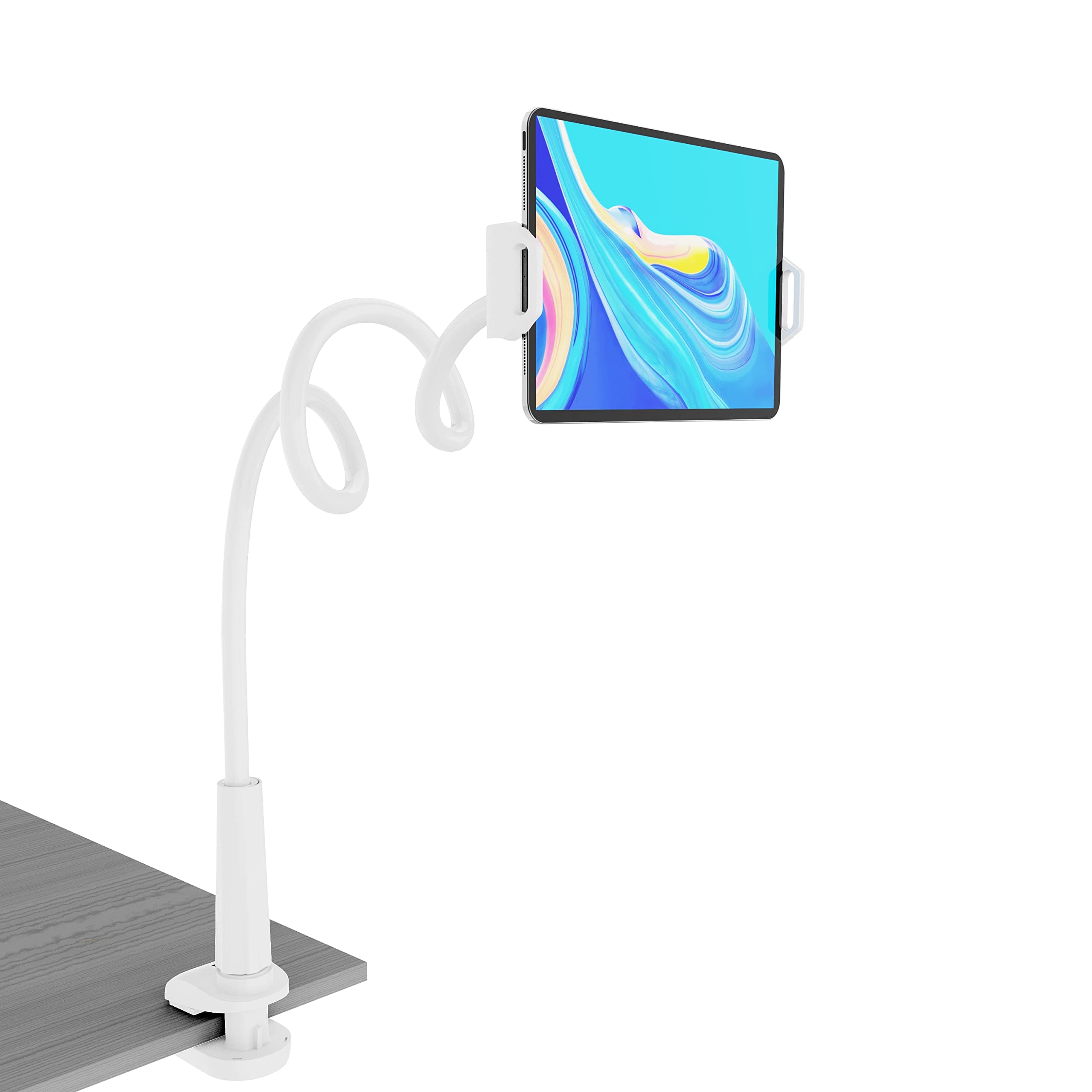 Tablet Stand Holder, Mount Holder Clip with Grip Flexible Long Arm Gooseneck Compatible with ipad iPhone/Nintendo Switch/Samsung Galaxy Tabs/Amazon Kindle Fire HD (New White)