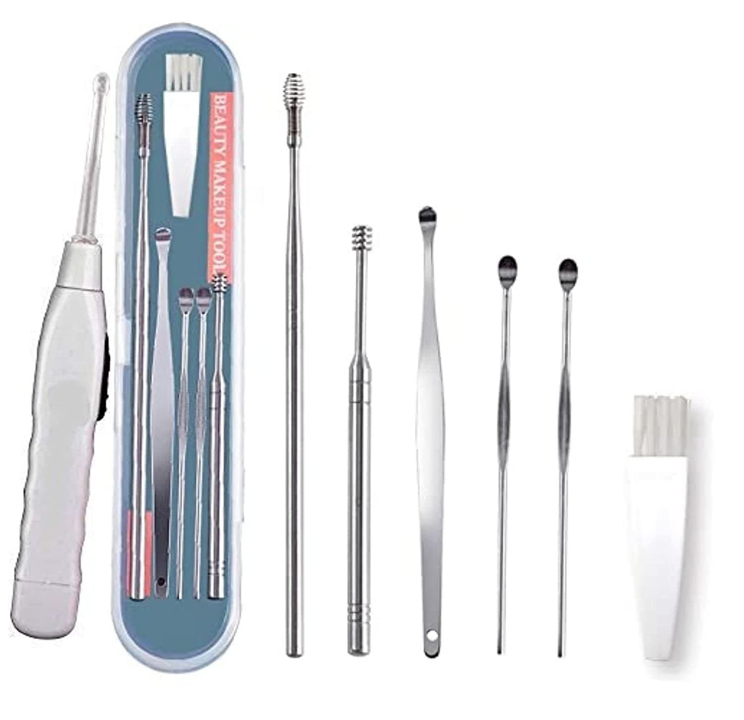 SHIORN SOON 6 Pcs Ear Pick with a Storage Box Earwax Removal Kit | Ear Cleansing Tool Set | Stainless Steel Spiral Ear Curette Ear Wax Remover Tool with Cleaning Brush