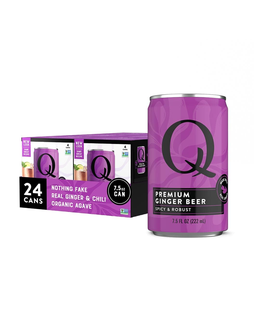 Q GINGER BEER with Real Ginger & Organic Agave - Ideal for Cocktails & Mocktails - Made with Real Ingredients, Perfectly Carbonated & Less Sweet - 80 Calories per Can - 7.5 Fl Oz Cans (Pack of 24)