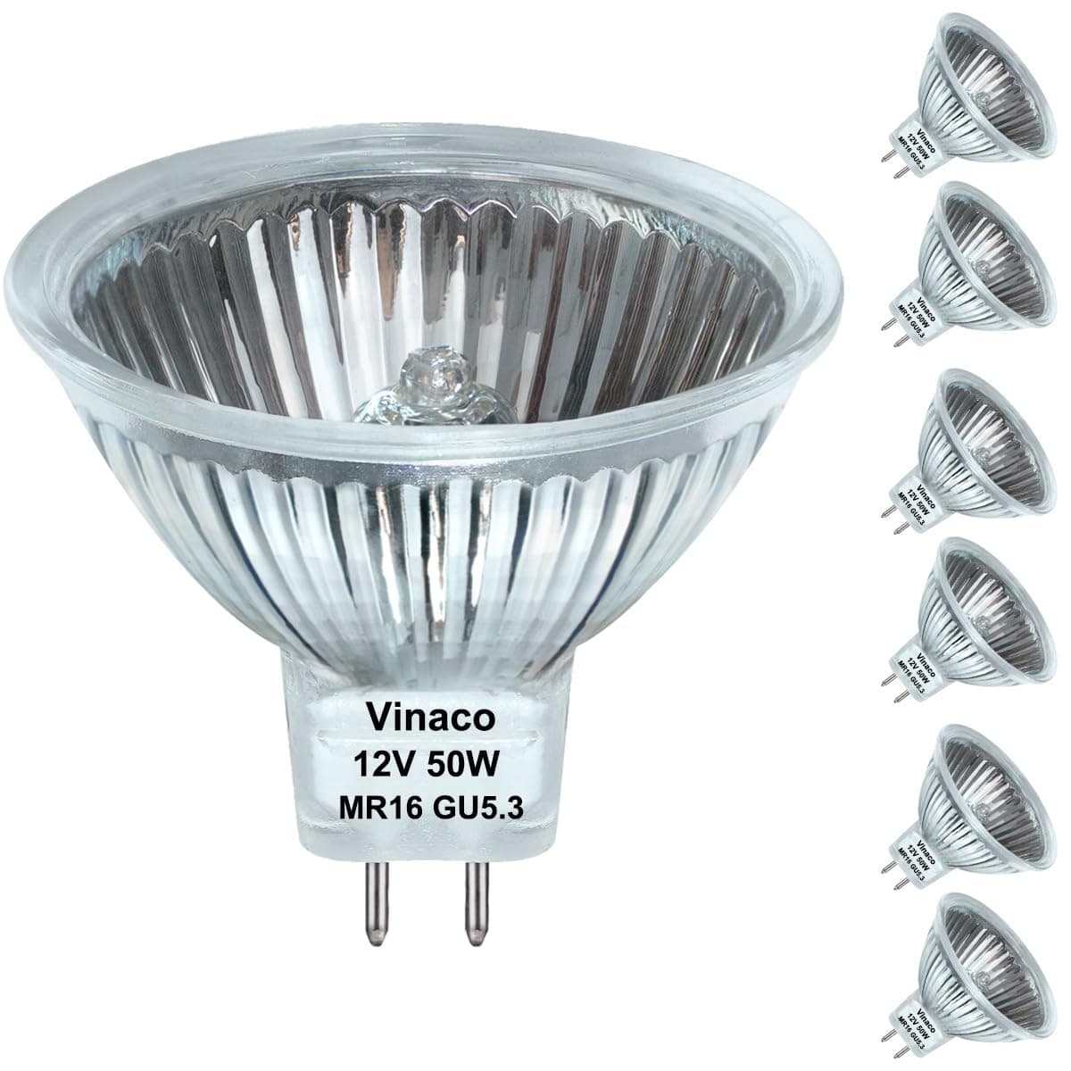 Vinaco MR16 Halogen Bulb 50W 12V, 6 Pack MR16 Bulb Dimmable, Long Lasting MR16 12V 50W Halogen, 2800K Warm White 50 W 12v Bulb with GU5.3 Base, for Landscape, Track Lights, and Fiber Optics