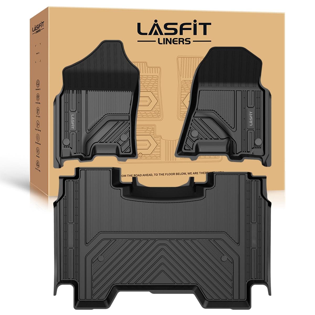 LASFIT Floor Mats for Ram 1500 Crew Cab 2019-2024 Without Rear Under-Seat Factory Storage 4 Full Size Doors Bucket Seat (NOT for Classic Model), All Weather TPE Custom Fit 1st & 2nd Row, Black