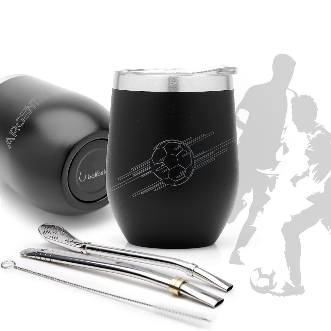 Modern Mate Cup And Bombilla Set (World Cup special edition) - Includes Double Walled 18/8 Stainless Steel Mate Cup, Two Bombilla (Straw) and a Cleaning Brush (8 oz, Black)