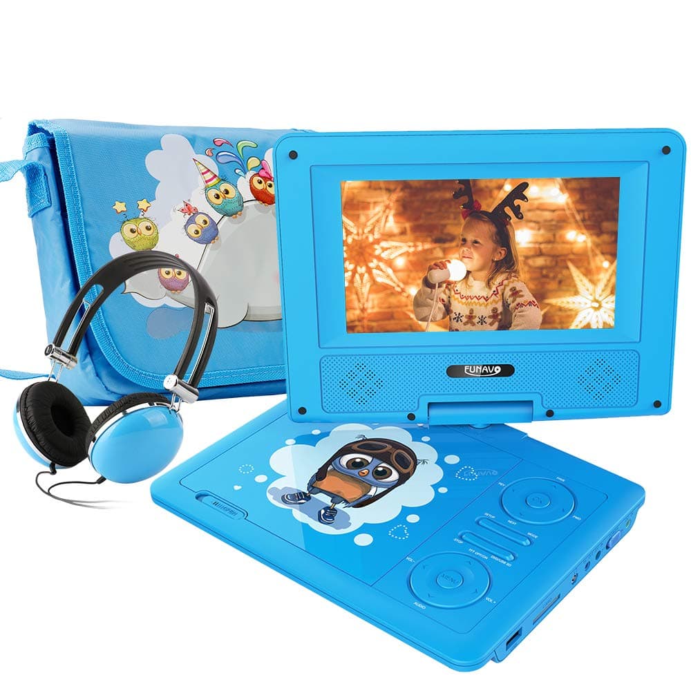 7.5" Portable DVD Player with Headphone, Carring Case, Swivel Screen, 5 Hours Rechargeable Battery, SD Card Slot and USB Port (Blue)