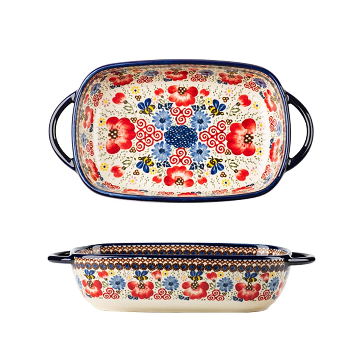 Bicuzat Vintage Flowers Style Ceramic Bakeware Casserole Dish Baking Pan Lasagna Pans Baking Dish with Handles for Oven/Cooking/Kitchen-1 PCS-Red Flowers-22 OZ