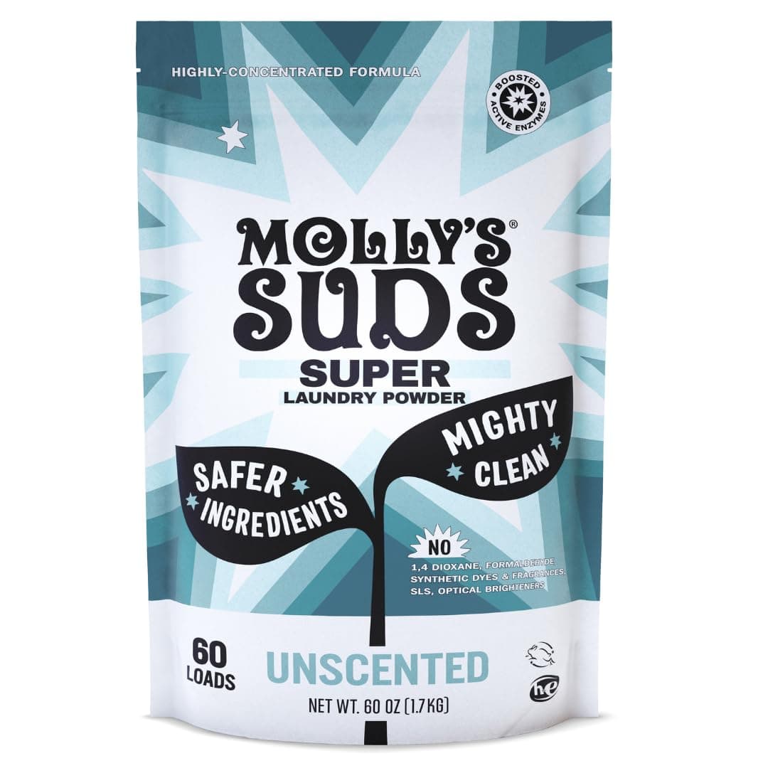 Molly's Suds Unscented Super Powder Detergent | Extra Strength Laundry Soap, Stain Fighting | Sensitive Skin | Simple, Effective Ingredients | 60 Loads