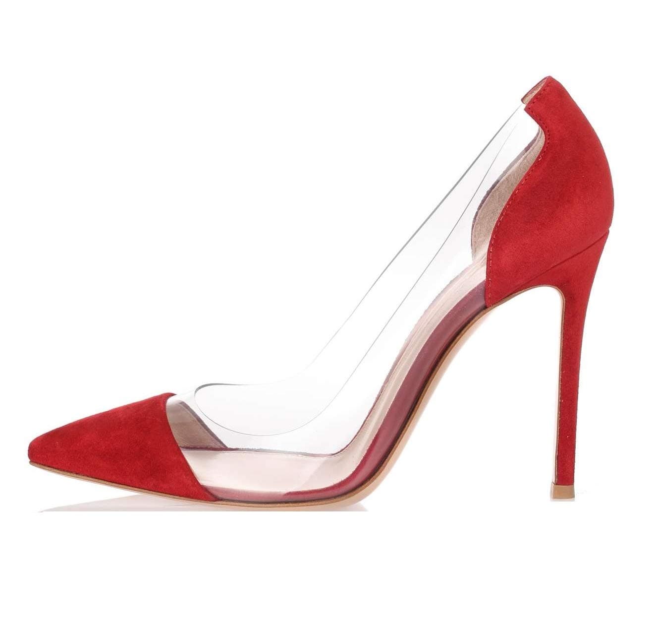 Sammitop Women's Red Suede High Heels Cap-Toe Pumps Stiletto Dress Shoes Transparent Suede Pumps US6.5