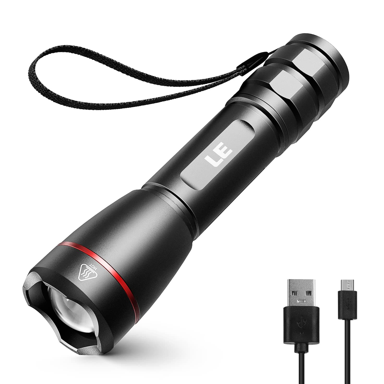 LED Rechargeable Flashlight, LP3000 High Lumens, Zoomable, Bright Flashlight, Waterproof, 5 Lighting Modes, Small Handheld Flashlight for Camping, Emergencies, USB Cable Included