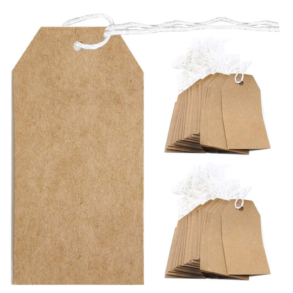 EMeskymall 100pcs Brown Strung Tag Label White String 70 x 35mm