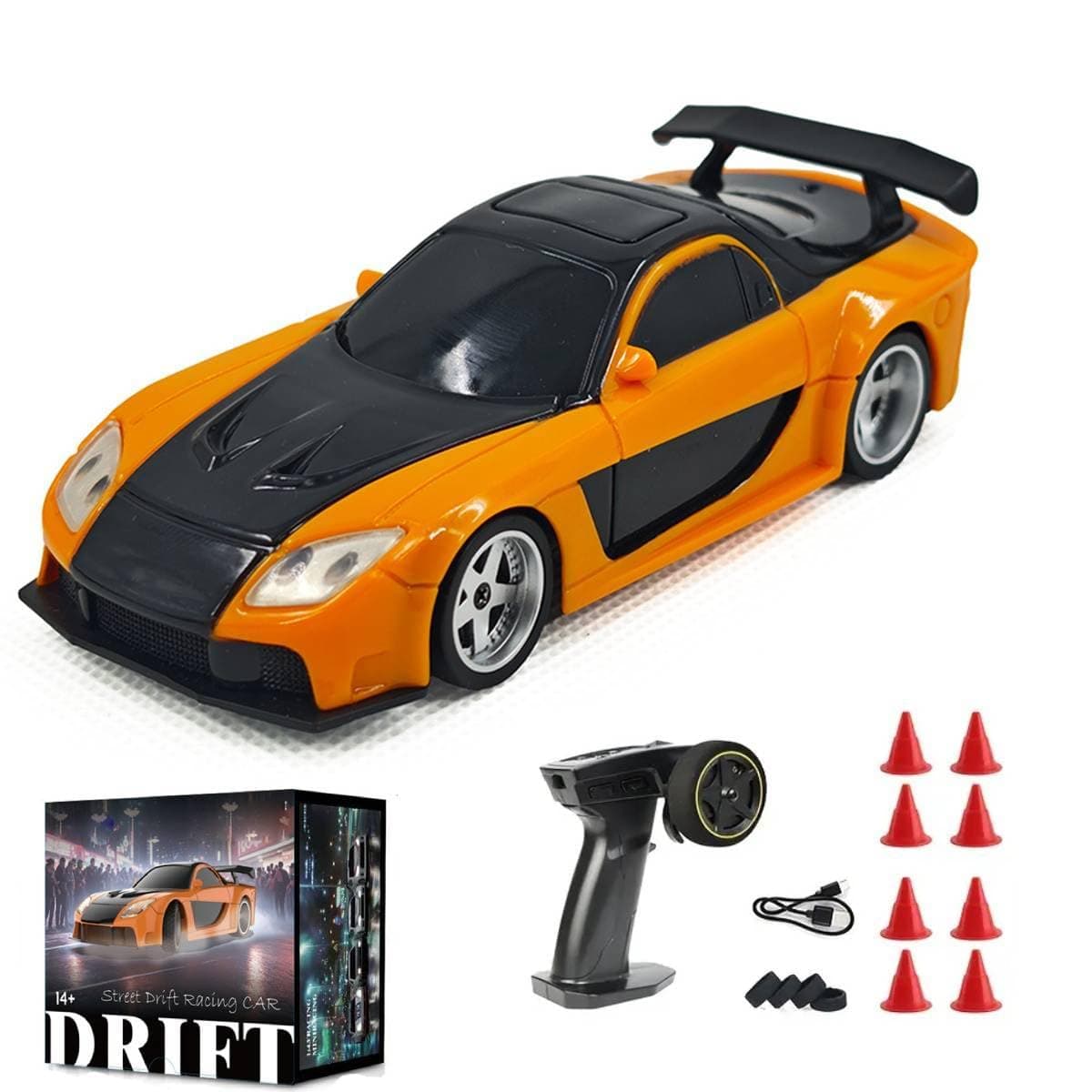 1/43 RC Drift Racing Car with Gyro, 4WD Fully Proportional Mini Electric Race Vehicle with LED Lights Remote Control High Speed Car for Adult Outdoor - Ready to Run (Gyro Orange Black)