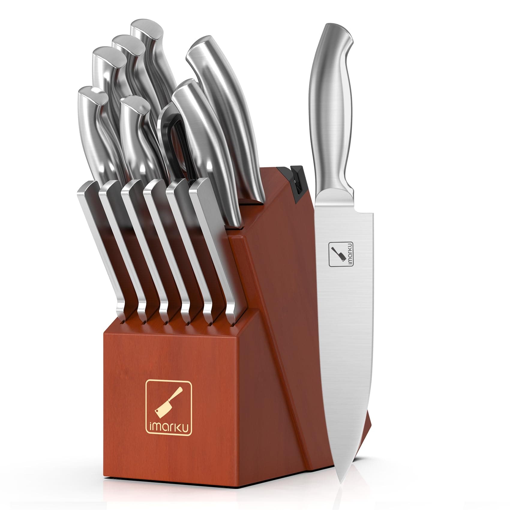 imarkuKnife Set, 15 Pieces Kitchen Knife Set with Block, High Carbon-Stainless Steel Kitchen Knives with Built-in Sharpener, Professional Knife Block Set, Brown