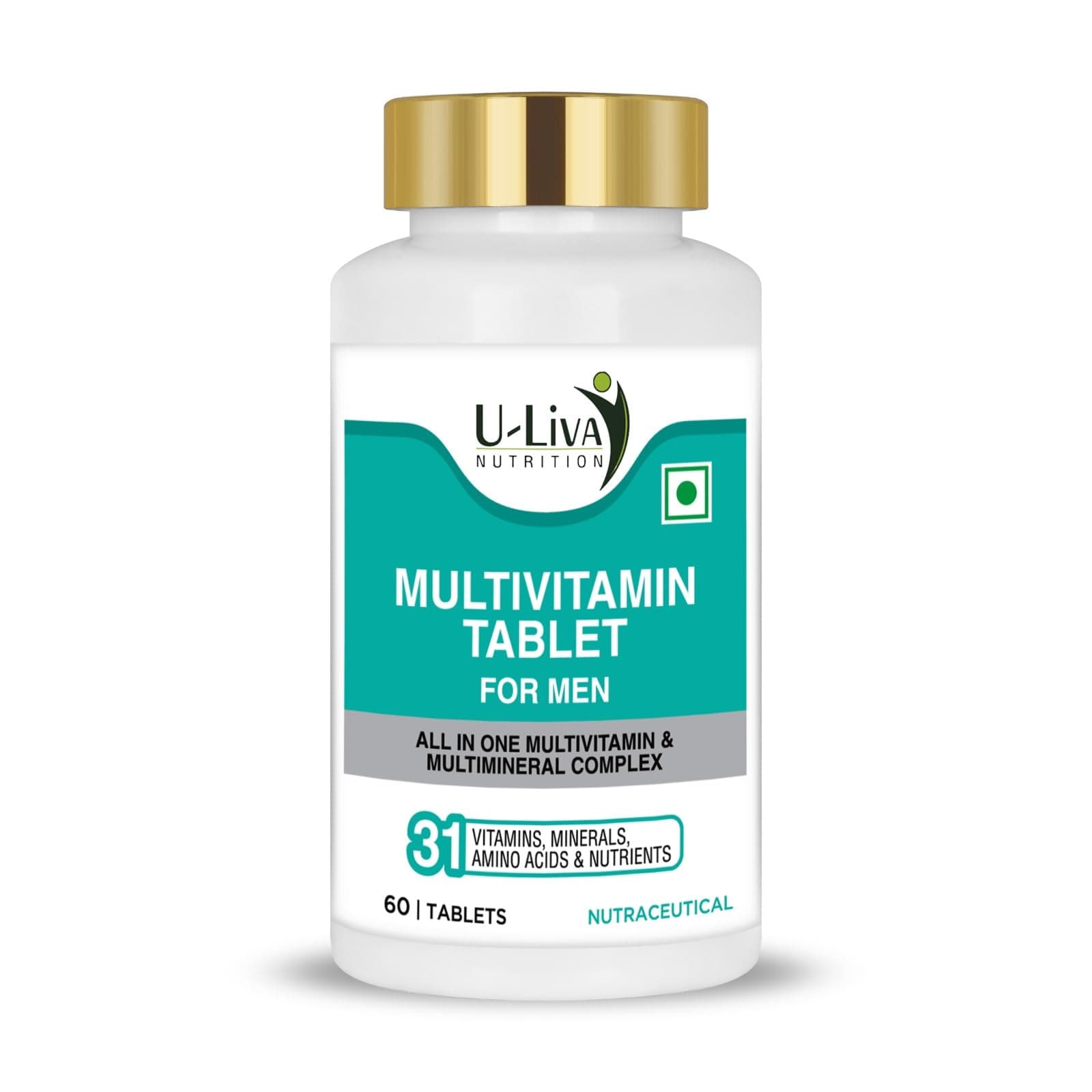 U-LIVA NUTRITION Multivitamin Tablets for Men (60 Tablets) | Biotin, Calcium, Vitamin D3, Vitamin C, Vitamin A, Zinc & 31 Essential Nutrients | Energy, Immunity & Overall Wellness | 3.7 mg