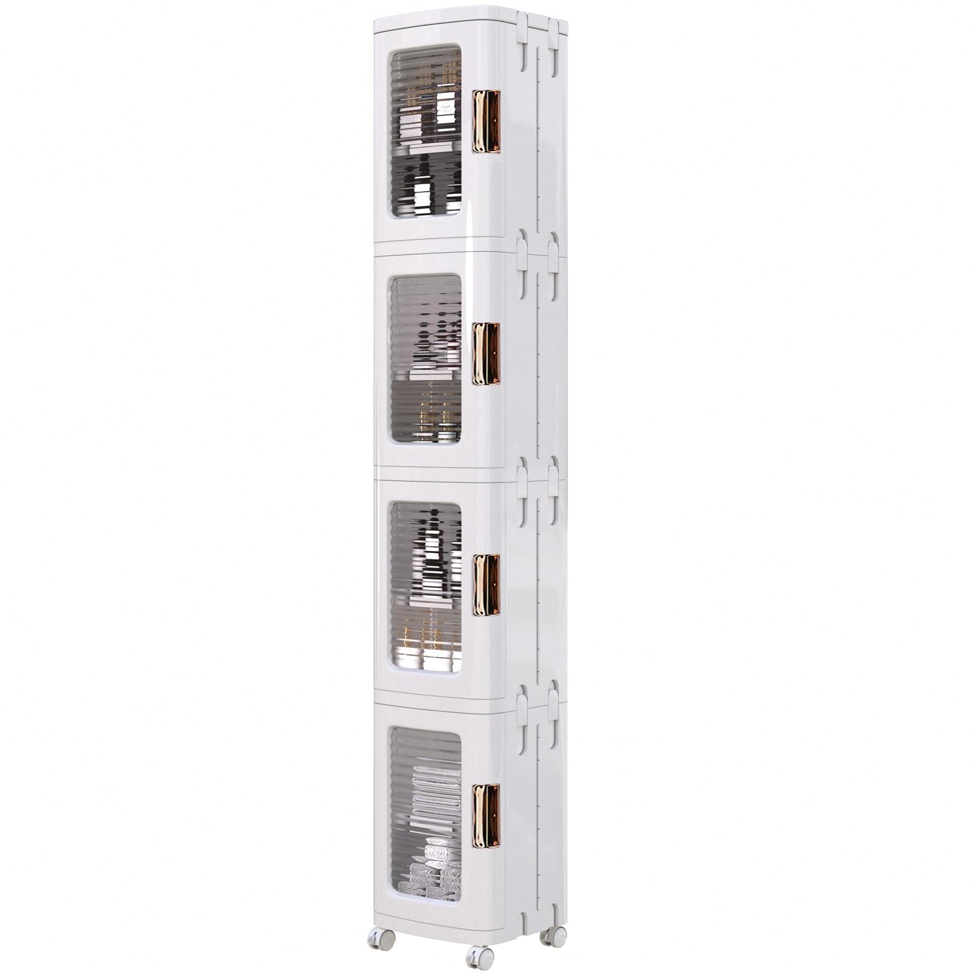 VECELO 4-Tier Plastic Tall Narrow Storage Cabinet with Movable Wheels, Adjustable Shelves, Magnetic Doors, Slim Bathroom Organizers and Storage for Small Space, Bathroom, Kitchen, Laundry, White