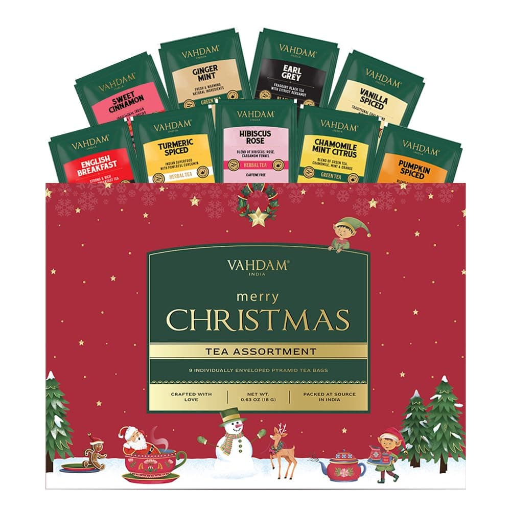 VAHDAM, Merry Christmas Tea Gift Set (9 Individually Wrapped Tea Bags) Limited Edition -Gluten Free, Non GMO | Christmas 2026 Gift Ideas | Christmas Gifts For Women 2026 & Christmas Gifts For Men 2026