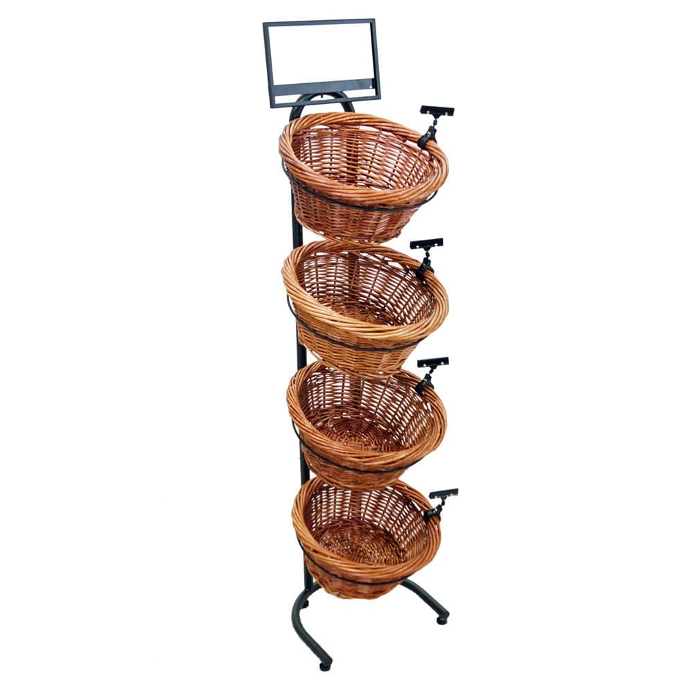 K1430-4B-MB 4-Tier 4 Round Willow Basket Display with Sign Frame and Sign Clips