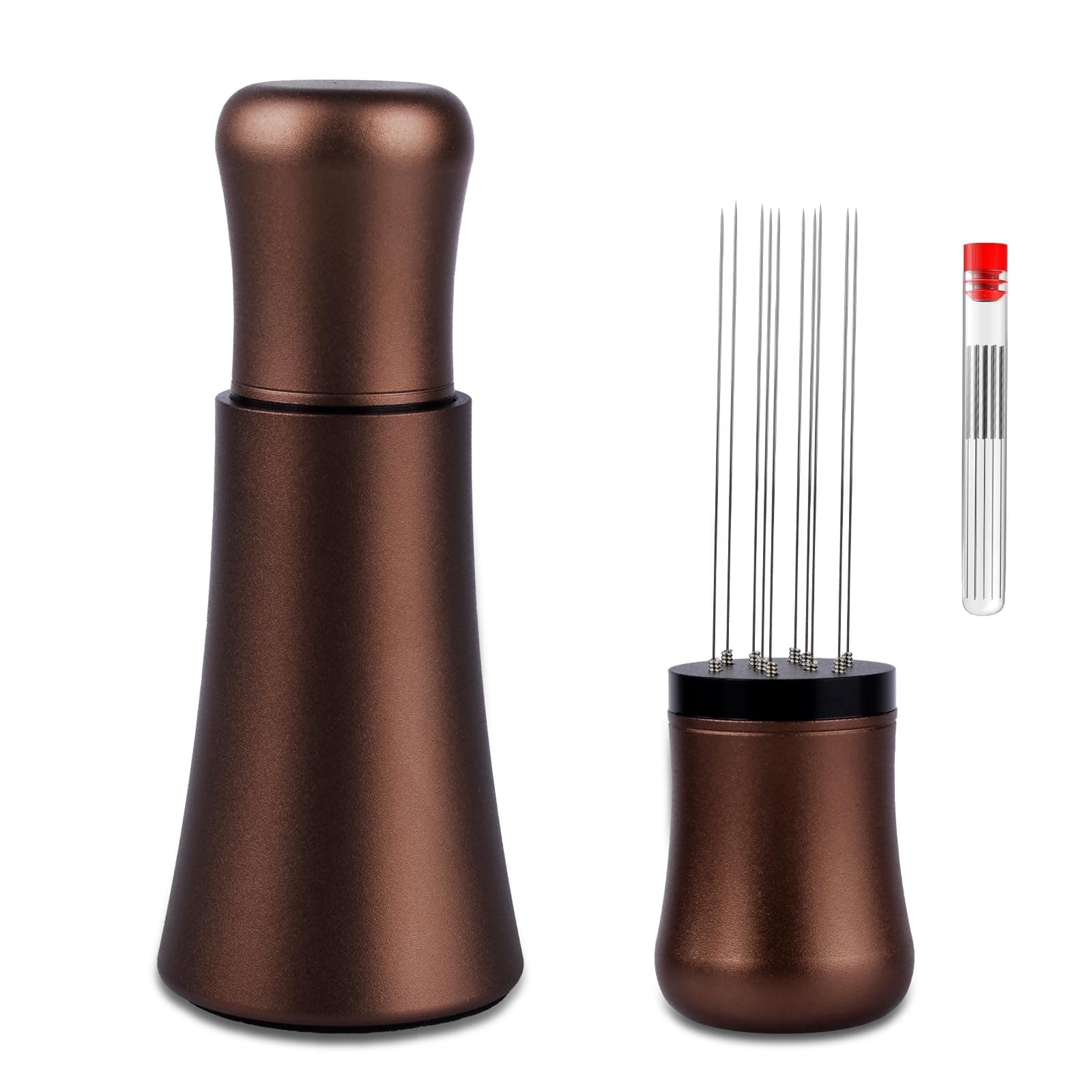 WDT tool, Espresso Distribution tools, 10 x 0.35mm 304 Stainless Steel Needles Installed with 10 Extra needles for Espresso Stirrer Replacement, Aluminum Alloy Handle with Stand (Matte Brown)