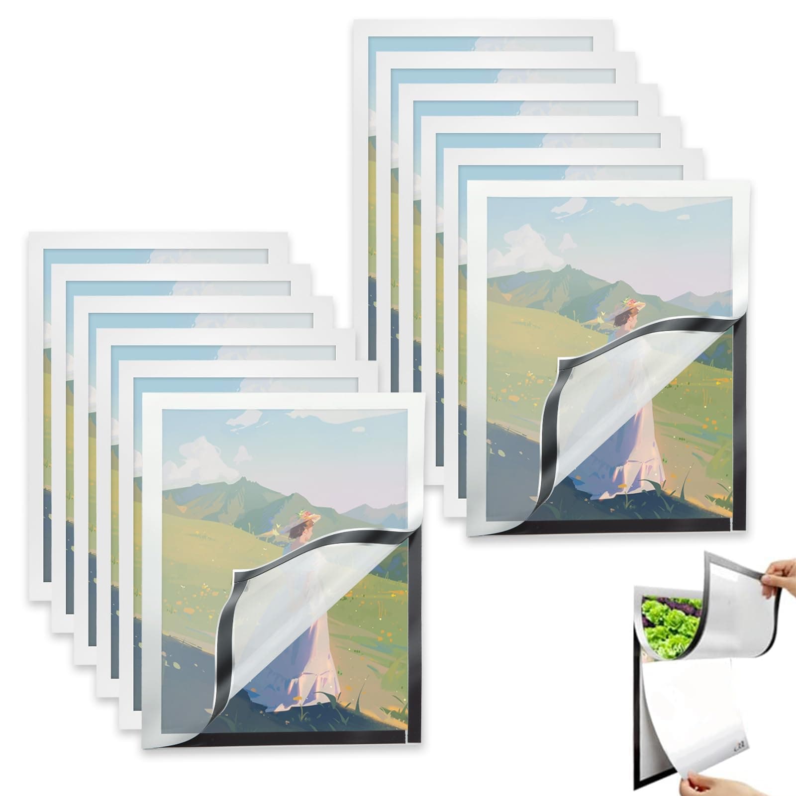 12PCS A4 Magnetic Frame Self Adhesive Magnetic Display Frame A4 Silver Waterproof Magnetic Photo Frames a4 magnetic Picture Frame for Paintings, Photos, Notices, Certificate, Poster