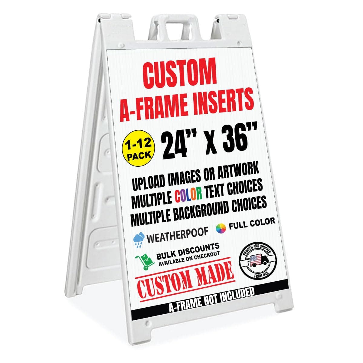 Custom A-Frame Sign Board 24 x 36 Inch with Full Color Print Inserts and Text, Weatherproof Sandwich Board Signs for Outdoor, Sidewalk Sign for Business