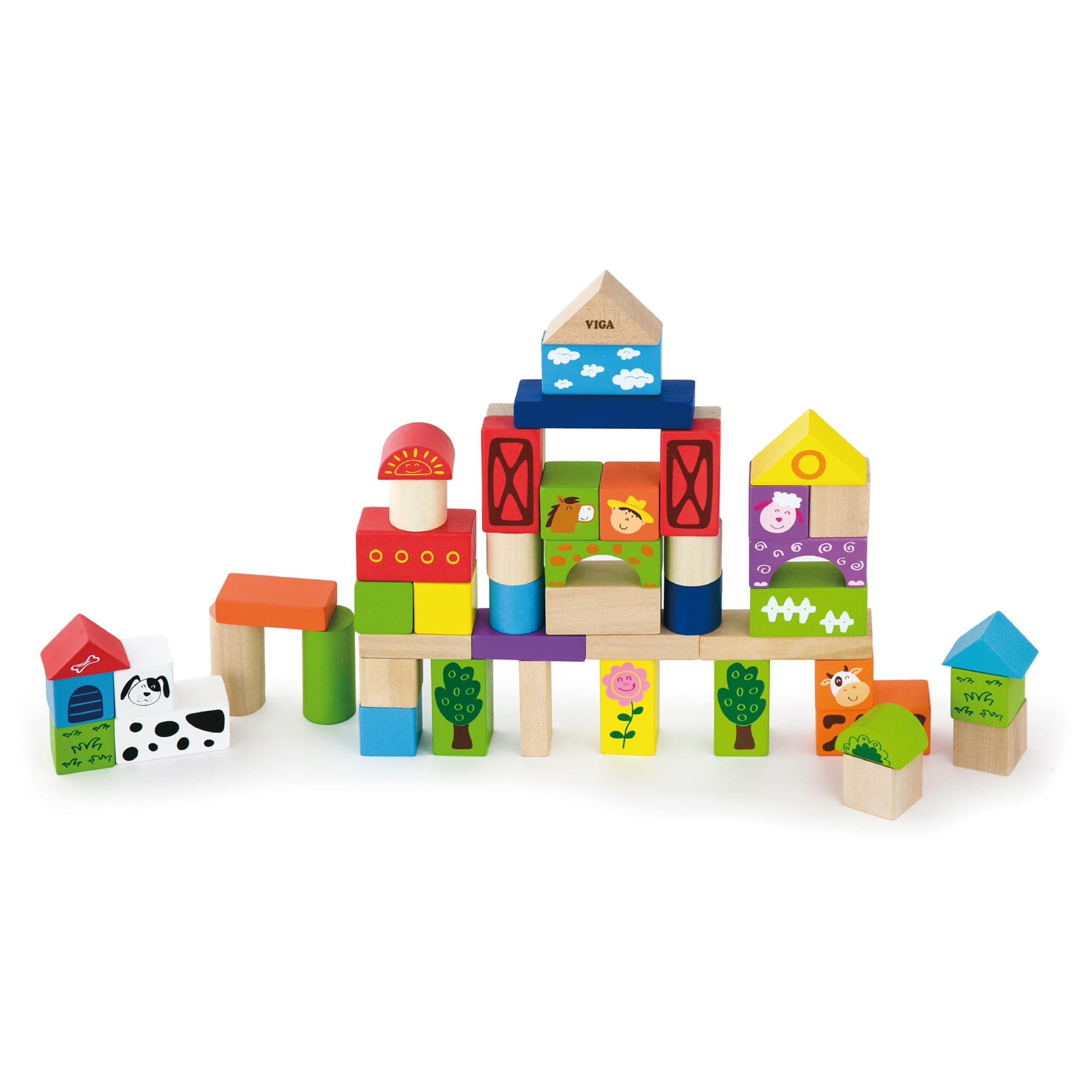 Eitech Viga Wooden Farm Building & Stacking Blocks Tub - 50 Piece - Childrens Construction Toy