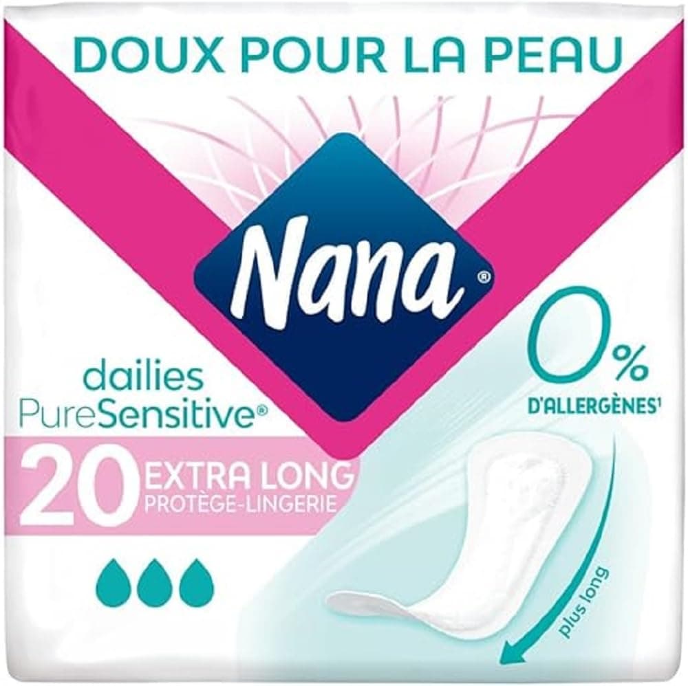 Nana PureSensitive Extra Long Lingerie Protector – Long and Absorbent Panty Liner for Sensitive Skin – 0% Allergen*, Fragrance, Colouring – 20 Panty Liners