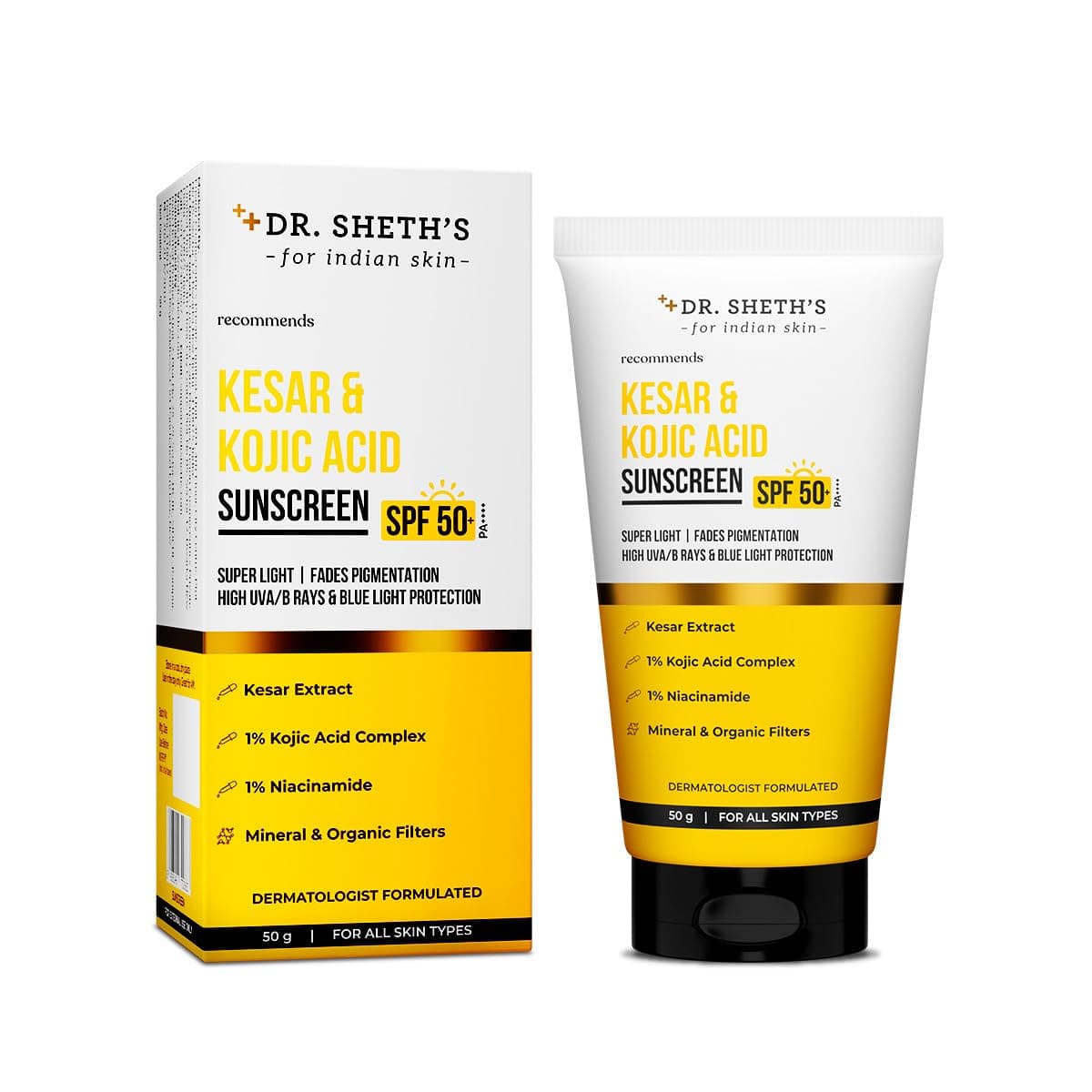 Dr. Sheth's Kesar Sunscreen with SPF 50 Pa++++ | For Daily Moisturization | For All Skin Types | 50 g