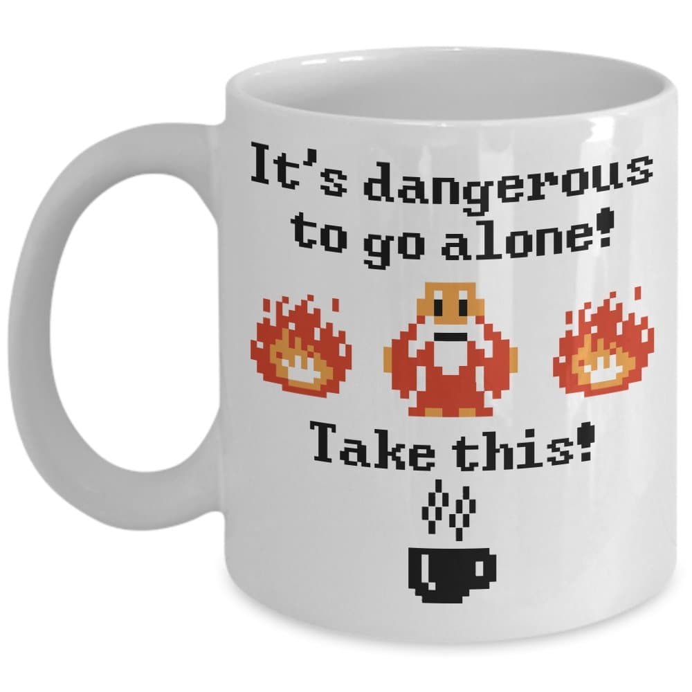 Funny Game Mug - It's Dangerous To Go Alone Take This! Coffee & Teacup - 11oz Ceramic Gaming Cup - Great Unique Gift Idea For Gamers, Siblings, Friends, Family, Him or Her