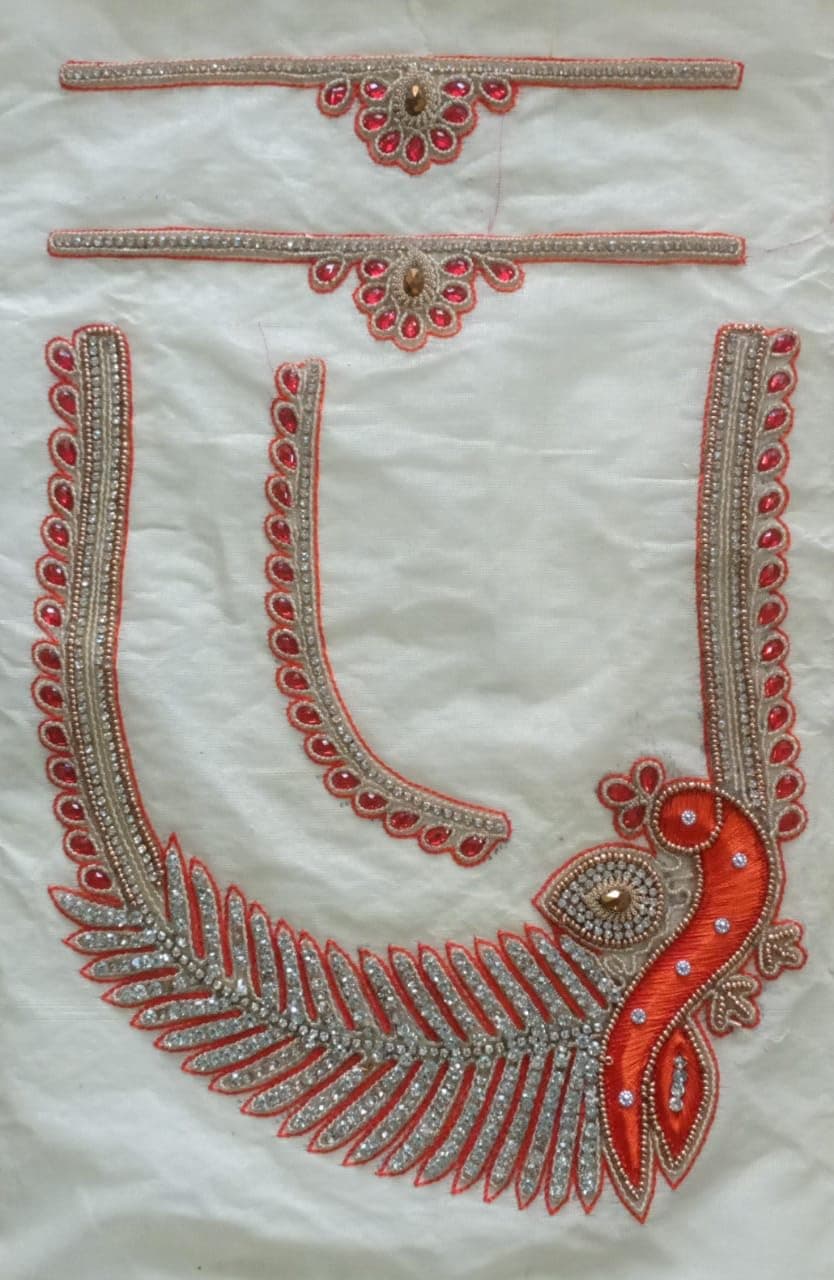 UE Maggam Work Peacock Design Handmade Zari Work Applique/Decorative Patches for Clothes Blouse Chaniyacholi Dresses Decoration (Orange)