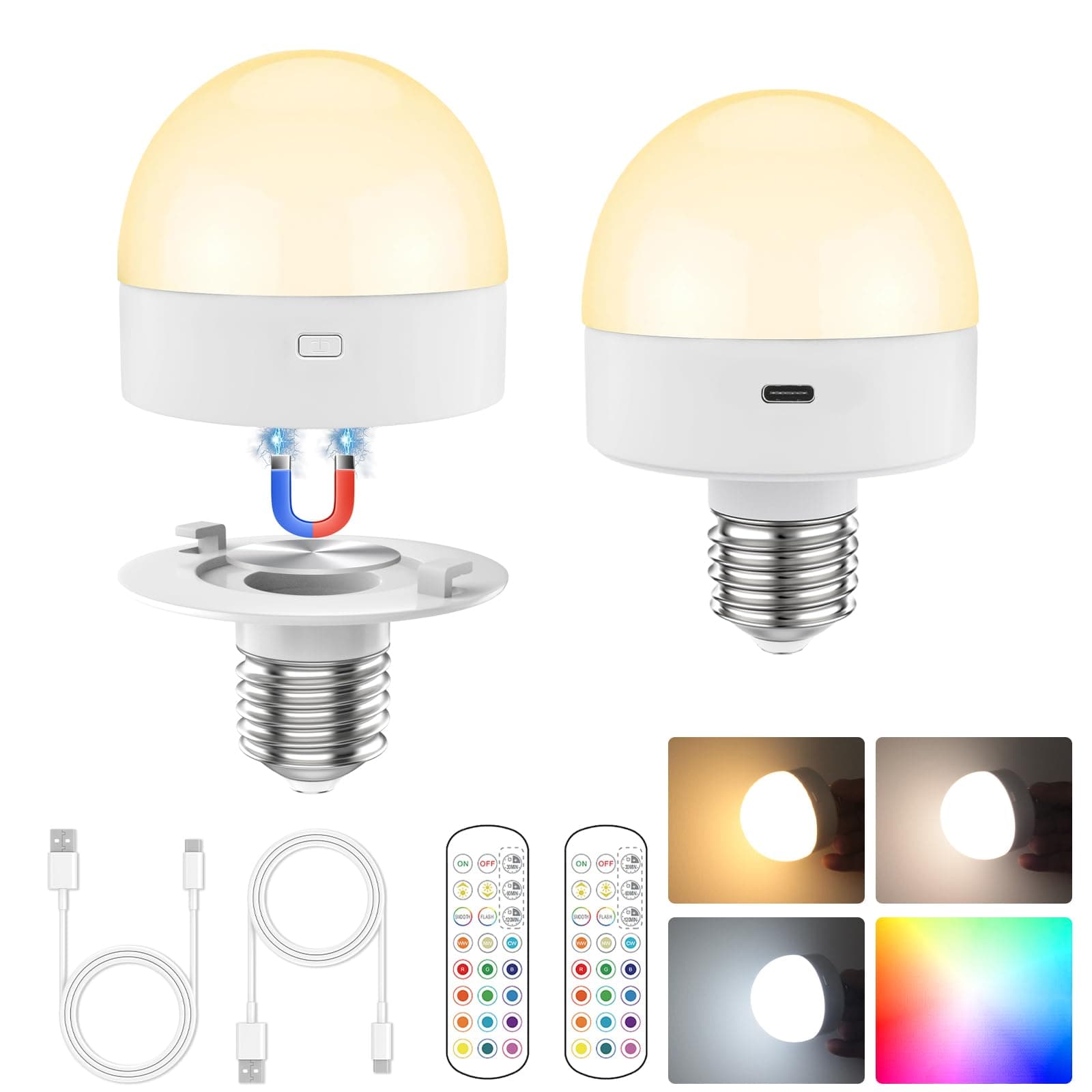 Rechargeable Battery Operated Light Bulbs with Remote Control, 15 Color Temperature, Dimmable, Timer, Wireless Magnetic Night Light Bulb for Wall Sconce, Non-Hardwired, E26 Detachable Base, 2 Pack