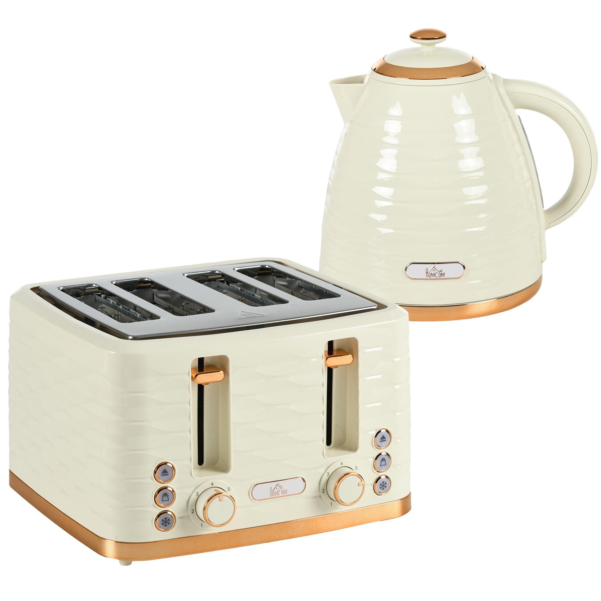 HOMCOM Kettle and Toaster Sets, 3000W 1.7L Rapid Boil Kettle & 4 Slice Toaster with 7 Browning Controls, Defrost, Reheat and Crumb Tray, UK Otter Thermostat, Beige