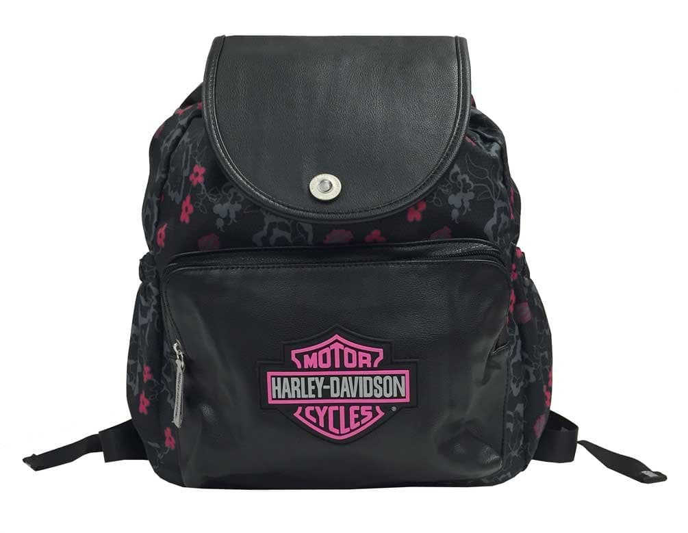 Harley-Davidson Girls' Bar & Shield Cinch Top Flowered Backpack, Black 7130515