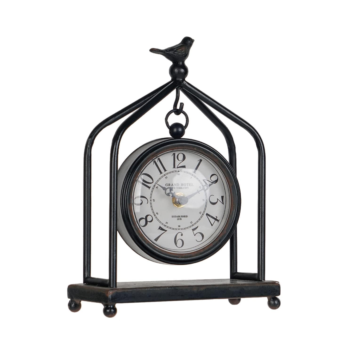 SOFFEE DESIGN 7.5'' x 10'' Mantel Clock Iron Tower Frame, Creative Bird Ornament Tabletop Clock, Silent Clock with Hollow Carved Back Cover for Home Decor, Black