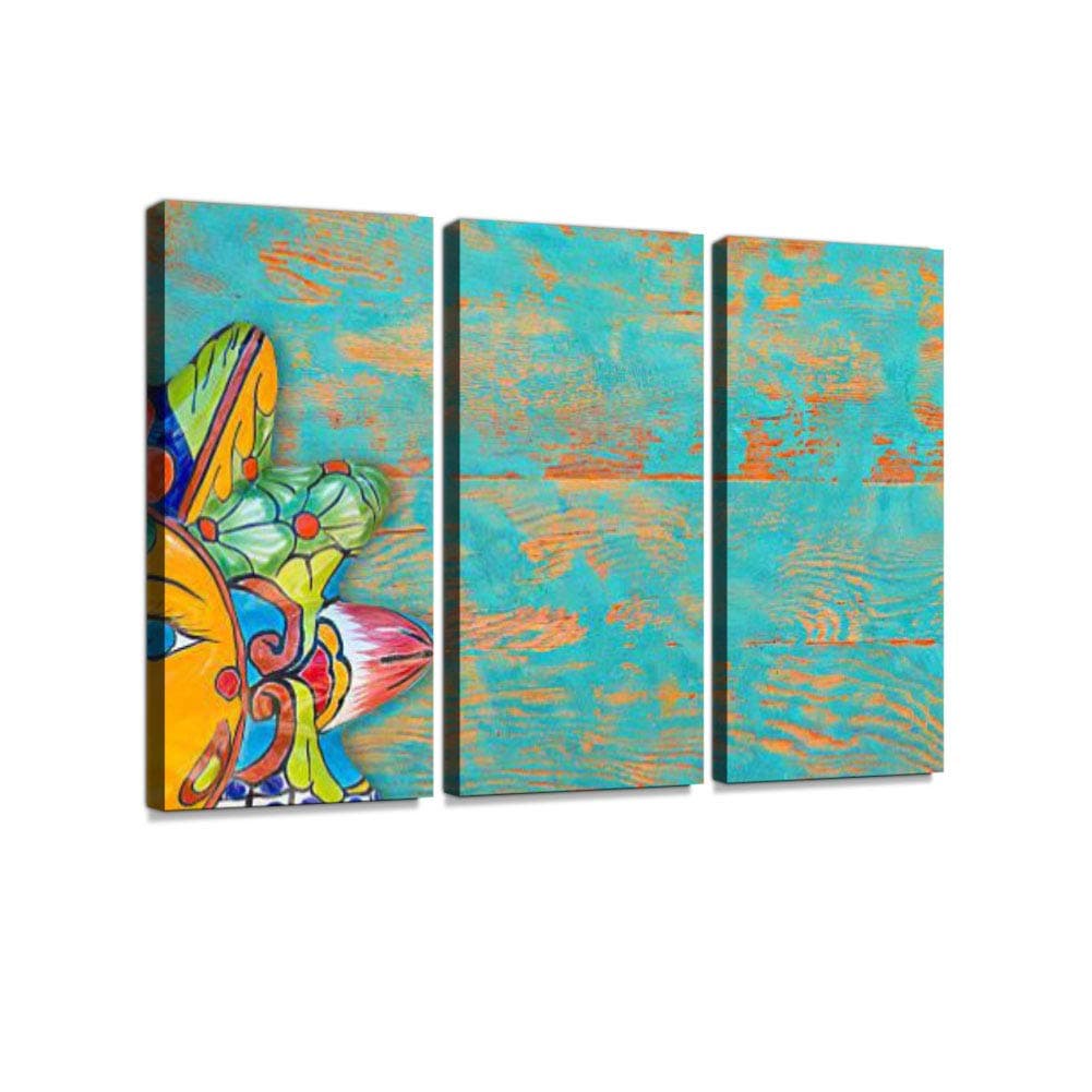 Mexican Folk Art Ceramic Sun 3 Pieces Print On Canvas Wall Artwork Modern Photography Home Decor Unique Pattern Stretched and Framed 3 Piece