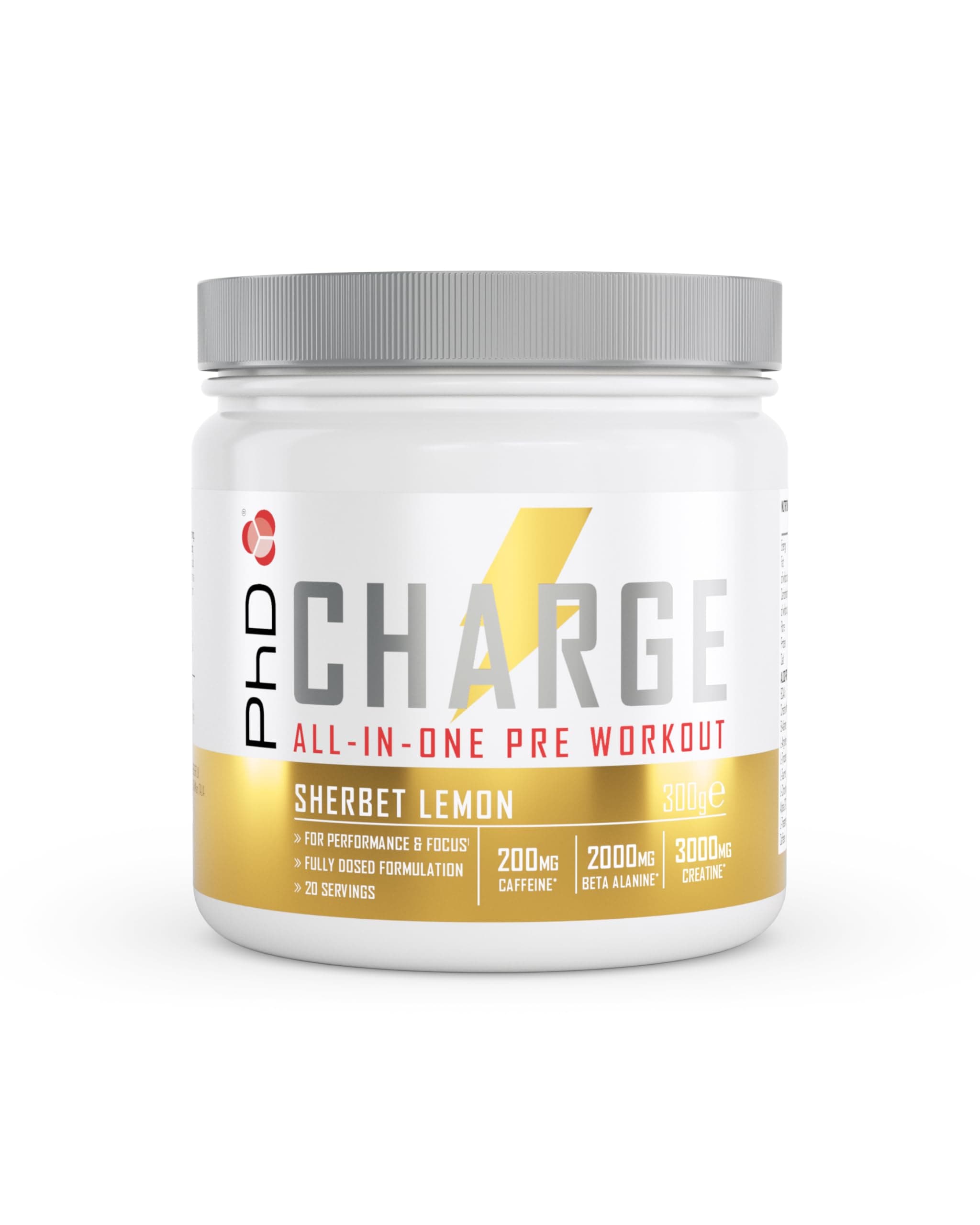 Charge, All in One Pre Workout Powder with Creatine for Women and Men, Rich in Beta Alanine, High Caffeine for pre-Workout, Sherbert Lemon Flavour, 20 Servings Per 300g Bottle