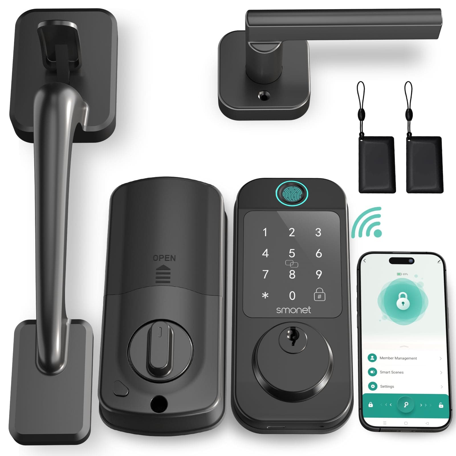 SMONET Keyless Entry Door Lock Deadbolt with Handle Set - Fingerprint WiFi Smart Locks, Digital Remote Control Keypad Bluetooth Alexa Deadbolt Lockset with Auto Lock Code Fob App Black